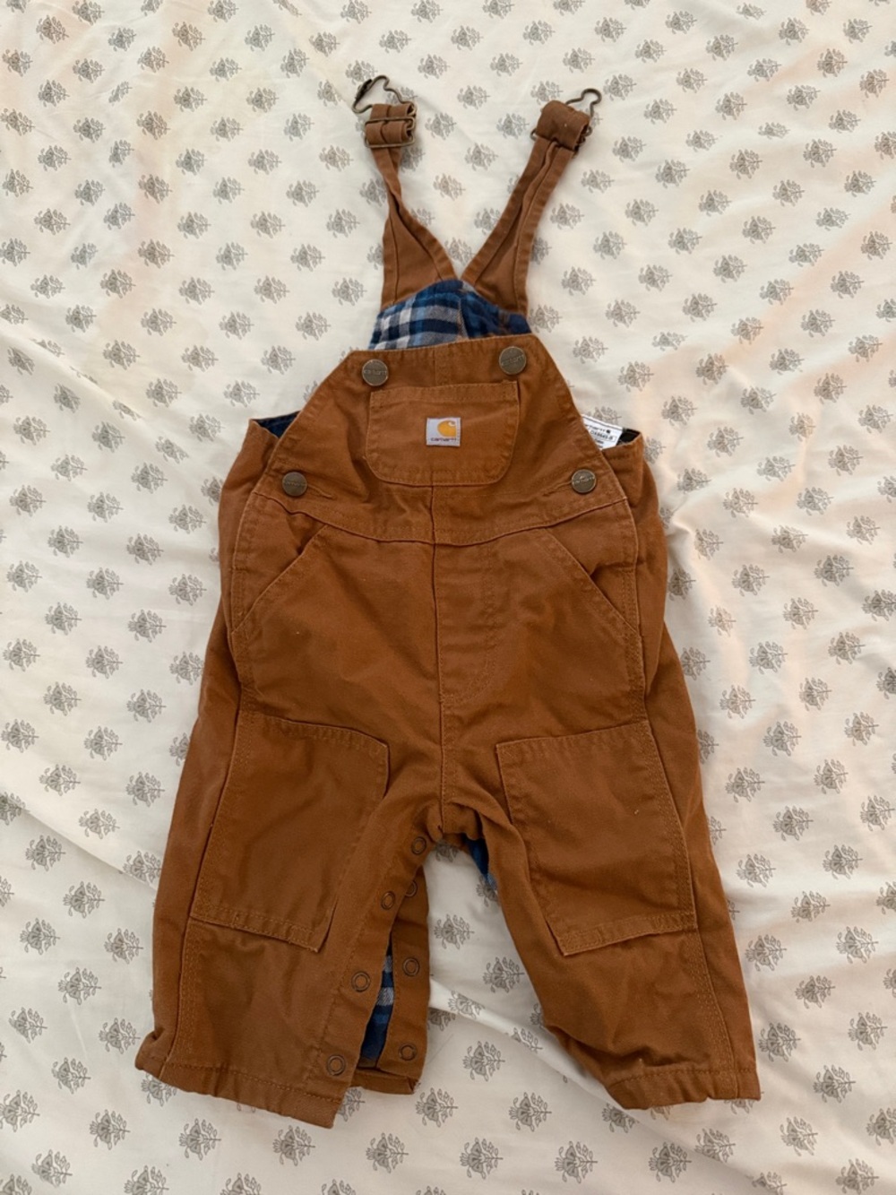 Carhartt Brown Kids Canvas Overalls with Blue Plaid Lining